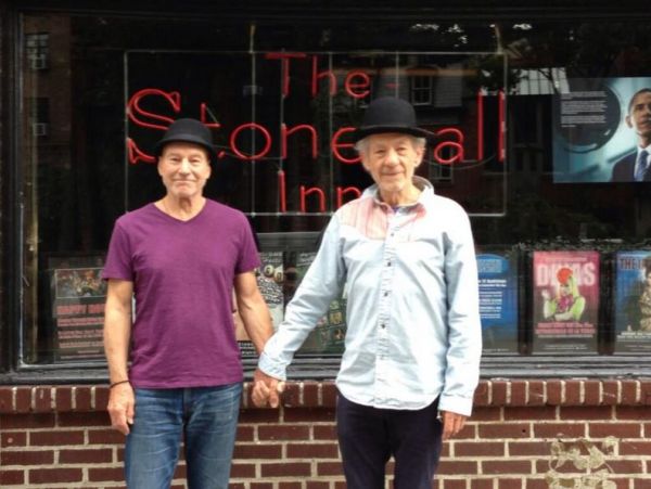 Patrick Stewart holds hands with his best friend, Ian McKellen at the iconic gay landmark The Stonewall Inn in NYC.