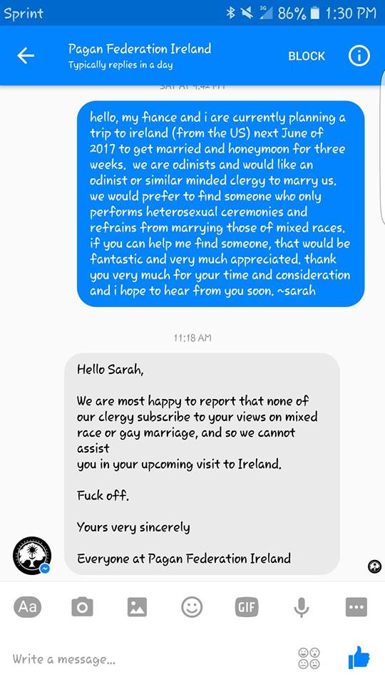 The original exchange between Pagan Ireland and 'Sarah' (via Facebook)