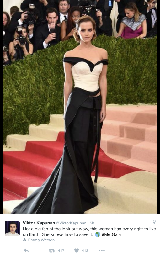 Emma Watson looks stunning in an elegant ragout at the 2016 Met Gala
