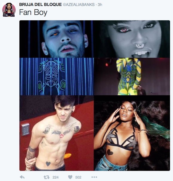 Azelia banks' tweet saying zayn malik is her fan boy and showing images of zayn and azealia in similar poses