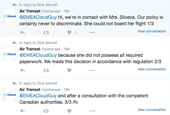 Air Transat denied a trans woman flight because she did not have a visa allegedly. These are three tweets from Air Transat confirming this as the reason