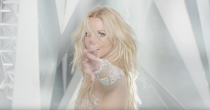Britney Spears' new song preview with Brtiney in diamond suit pointing at camera