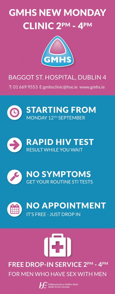 An ad for GMHS' new Monday clinic at Baggot St from 2-4pm saying it starts Monday 12 September 2016, offers rapid HIV testing, quick STI check for those with no symptoms and no appointment is necessary.