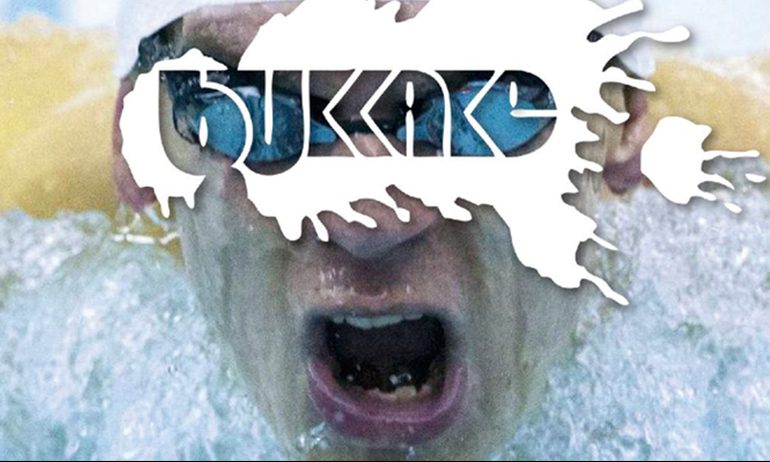 Bukkakr written with white splats over a person's face who is swimming, bukkake is is one of the Halloween Parties for LGBT people in Dublin