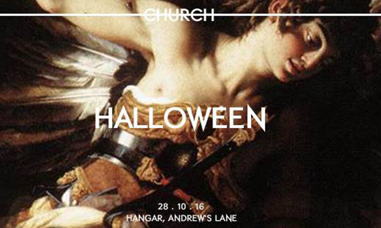 A painting of a woman with the word church and Halloween written on it, which is is one of the Halloween Parties for LGBT people in Dublin