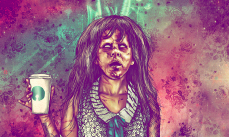 Spinster's zombie girl poster with a cartoon girl holding a cup. Spinster is one of the Halloween Parties for LGBT people in Dublin