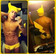 Pikachu halloween costume for gay men, with only yellow swimwear, tail and ears