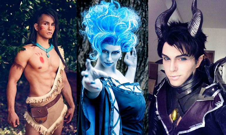 A male pocahontas, female hades, and male maleficent showing gender non-conforming halloween costumes