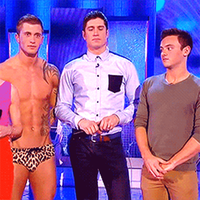 Tom Daley giving Dan Osbourne some serious eyes because he's a diver, which is one of the Halloween costumes for gay men