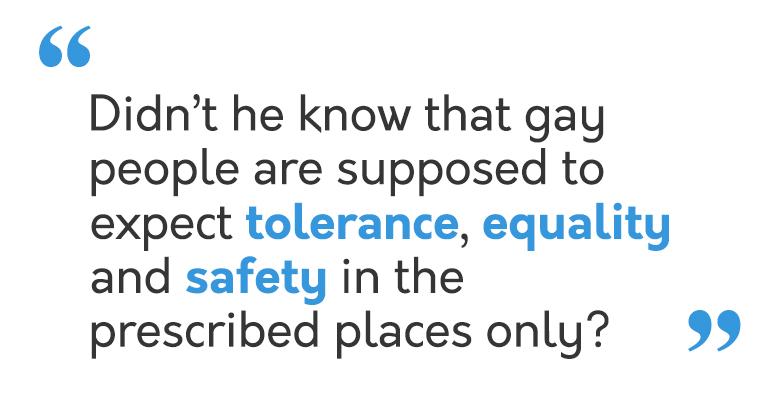 Text image saying Didn't he know that gay people are supposed to expect tolerance, equality and safety in the prescribed places only? for stephen meyler's opinion about media lazily implicating a hate crime victim