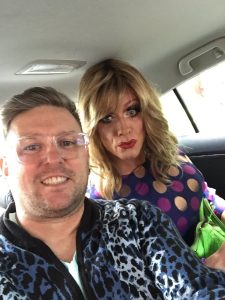 Noel Sutton who talks about Irish LGBT film beside Panti who is wearing a polka dot dress