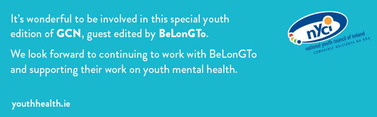 A blue image with text and the NYCI logo on it as part of the young irish lgbt article