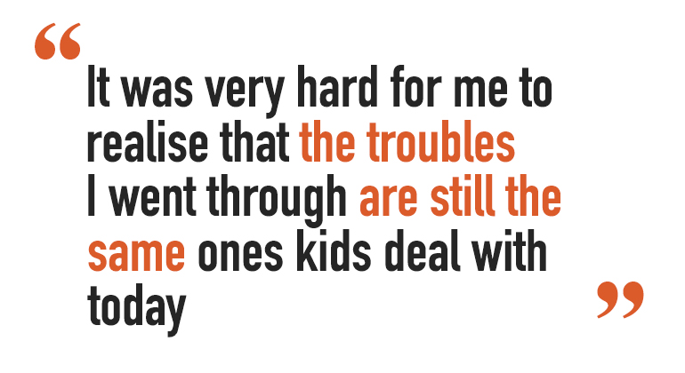 A quote saying "it was very hard for me to realise that the troubles I went through are still the same ones kids deal with today from the interview with Nikki Mullen who works at Smily