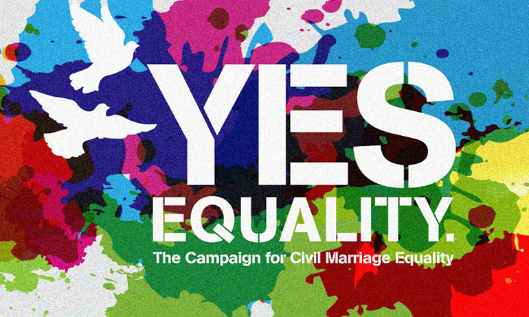 The colour splatted Yes Equality logo, which one of the things to consider before coming out to your Irish parents