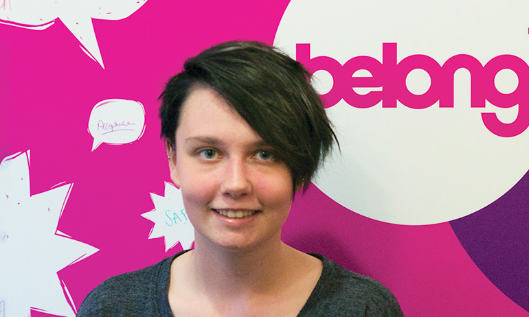 Max standing in front of the belong to sign, who is one of the young Irish LGBT interviewed for GCN's 2016 Youth Issue