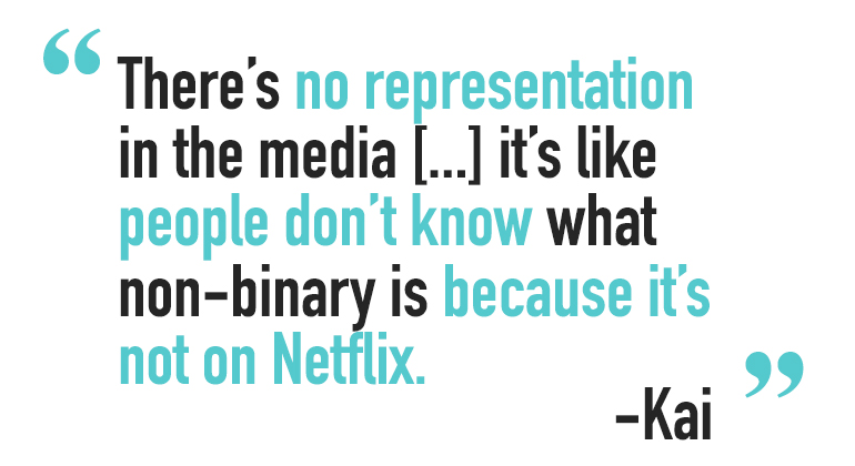 A quote from a non-binary person called Kai, saying "There's no representation in the media [...] it's like people don't know what non-binary is because it's not on Netflix.