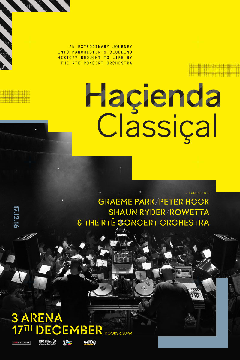 The poster for Haçienda Classical with a black and white image of an orchestra on it.