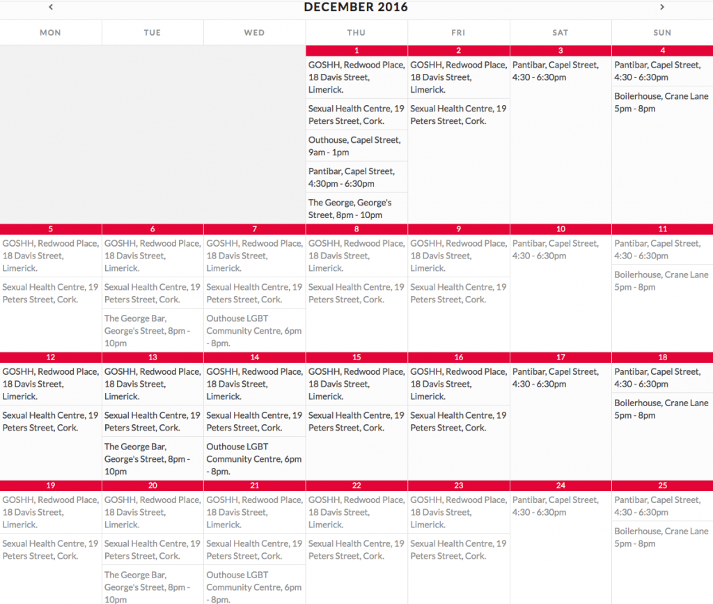 A schedule of HIV testing facilities from KnowNow's website.