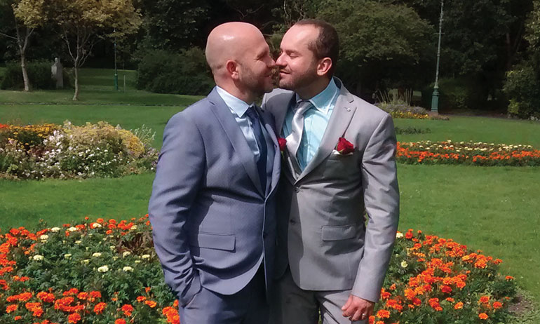 A same-sex couple for Real Weddings who used the Larder venue