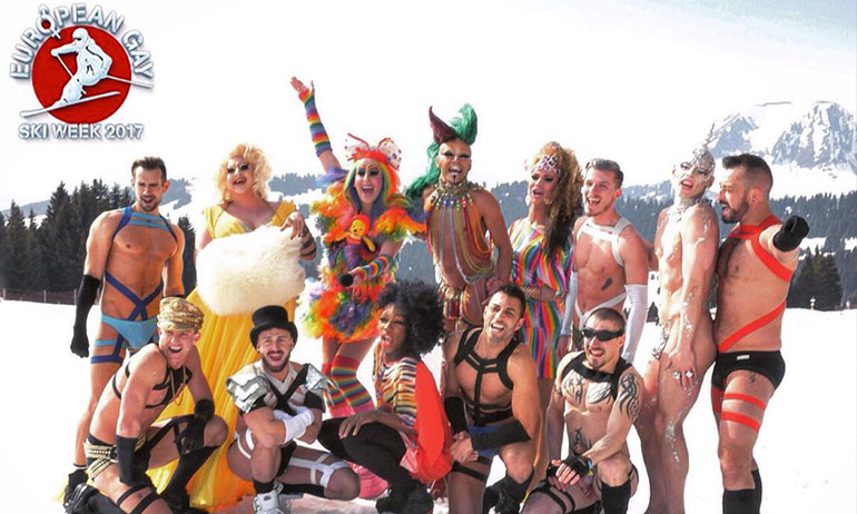 Picture of performers on snow at the European Gay Ski Week, one of the top ten queer travel events of 2017