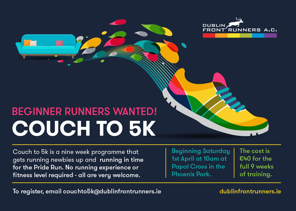 a poster of a couch turning into a sneaker with the words Couch To 5K on it by Dublin Front Runners