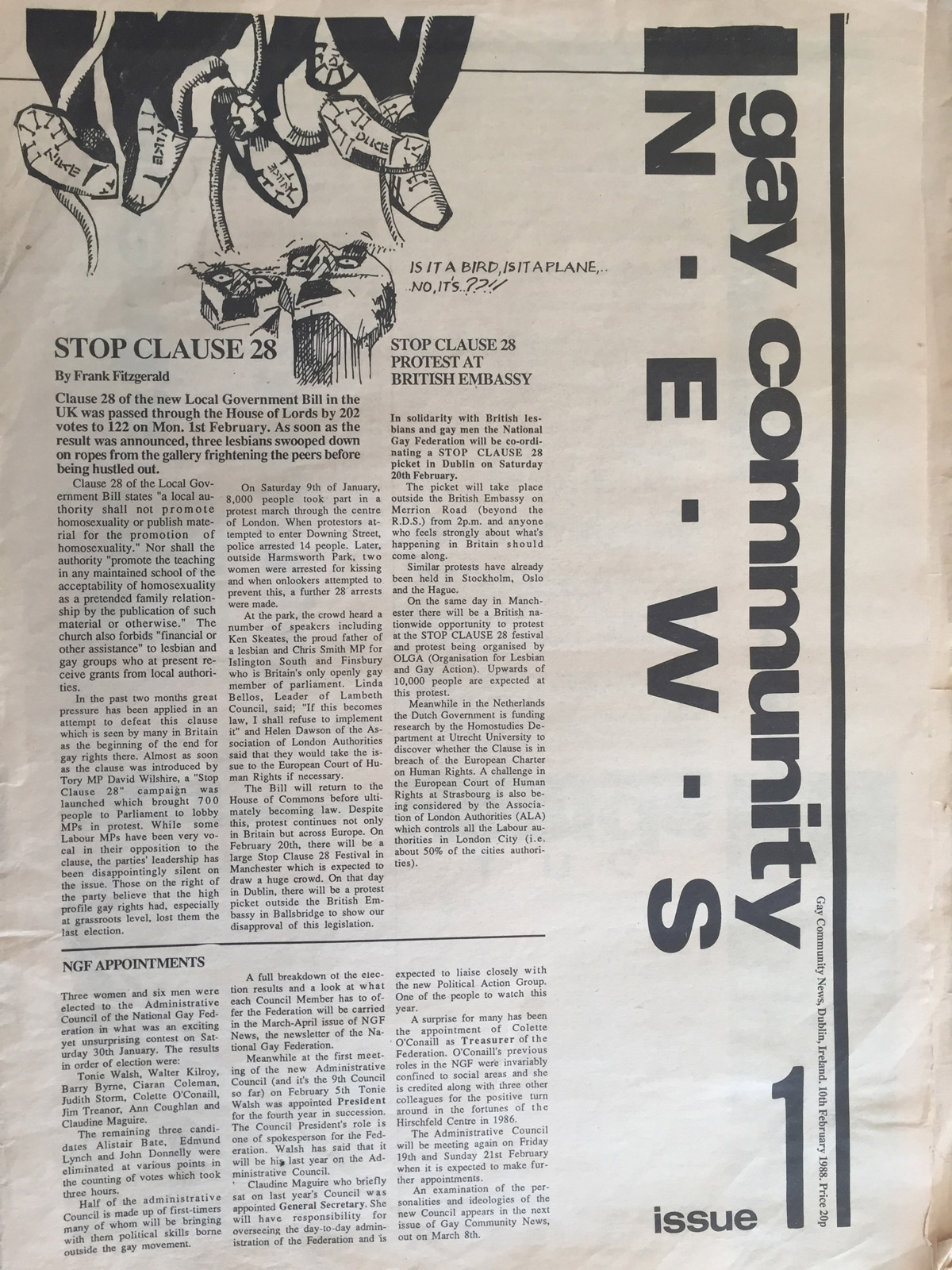 The first 1988 Issue in the Evolution of GCN, Ireland's National LGBT Publication with the words Gay Community News on the cover