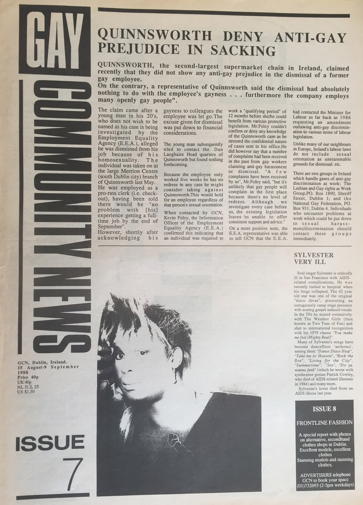 The 1988 Issue in the Evolution of GCN, Ireland's National LGBT Publication with images and words on the cover