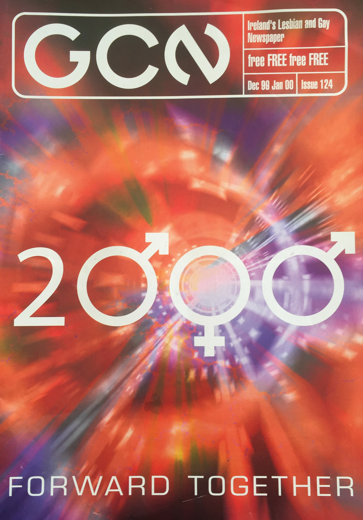 The 1999 Issue in the Evolution of GCN, Ireland's National LGBT Publication with the number 2000 on the cover and a swirl of red and purple