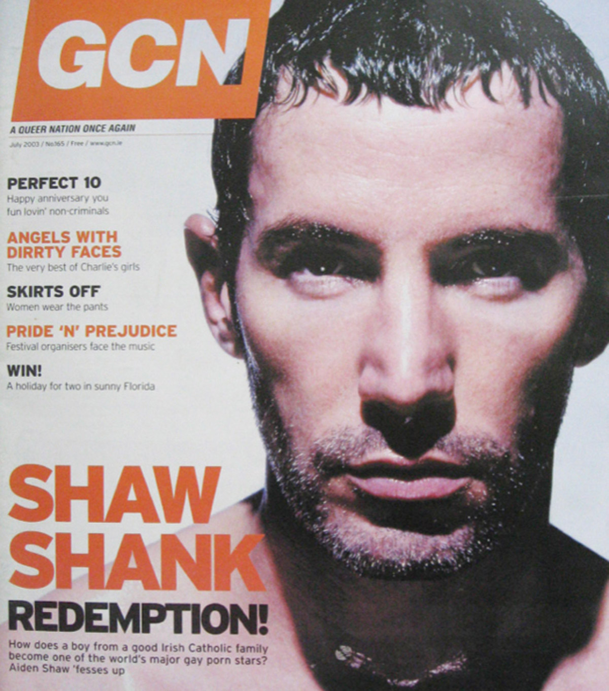 The 2003 Issue in the Evolution of GCN, Ireland's National LGBT Publication with Aiden Shaw on the cover and the words Shaw Shank Redemption