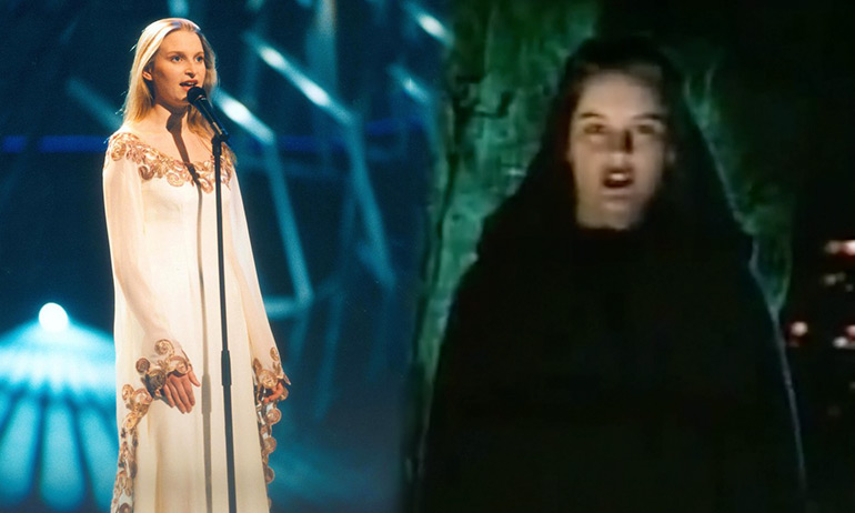 Eimear Quinn in a white dress standing in front of a microphone and a singer with a green cloak, both of which are costume ideas for GCN's Eurovision Douze Points Party 