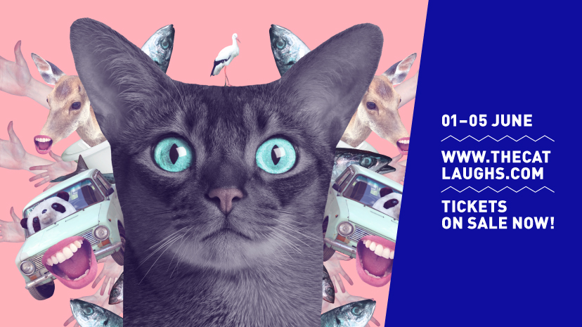 A picture of a Cat with cars and fish behind it with human mouths on them which is an illustration for the Kilkenny Cat Laughs Festival