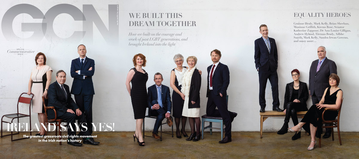 the post-marriage equality cover of gcn with LGBT rights advocates standing and sitting against a grey wall