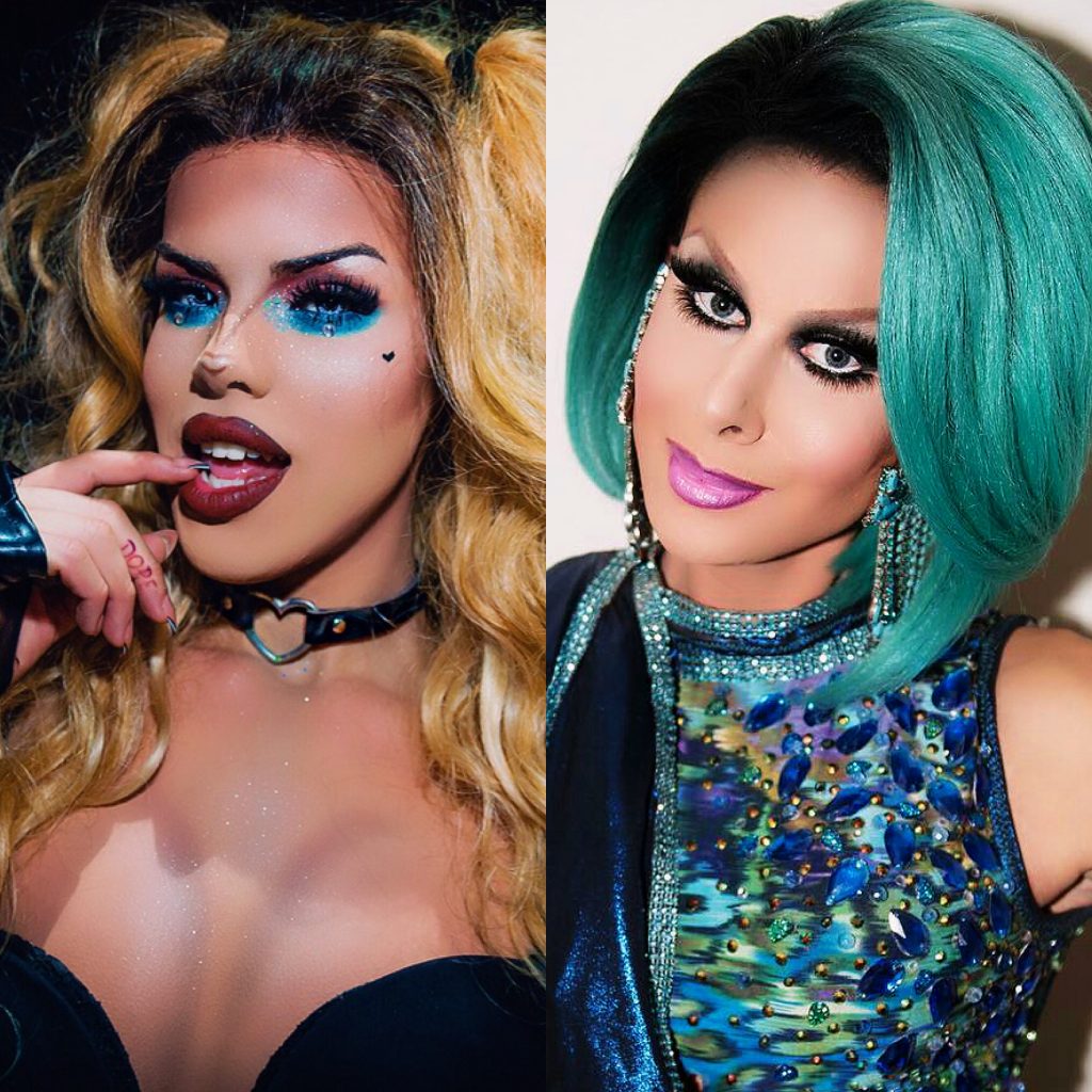 Split screen of drag queens Angelina Lovelace and Trinity Taylor