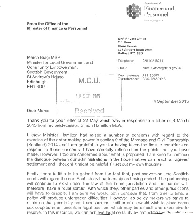 a letter from arlene foster to marco biagi about civil partnerships