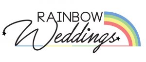 The rainbow weddings logo with a rainbow