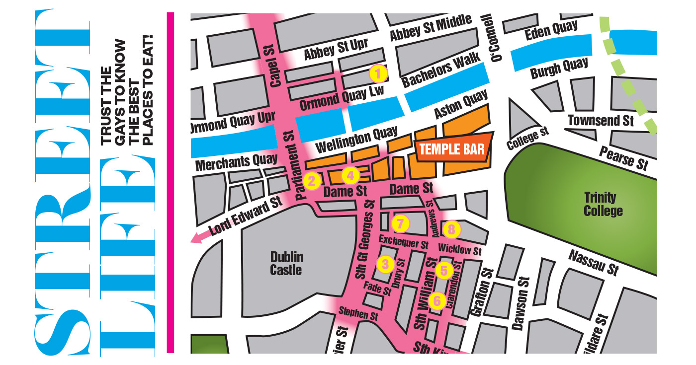 The map of Dublin city centre with numbers on it and the words Street Life written to the left