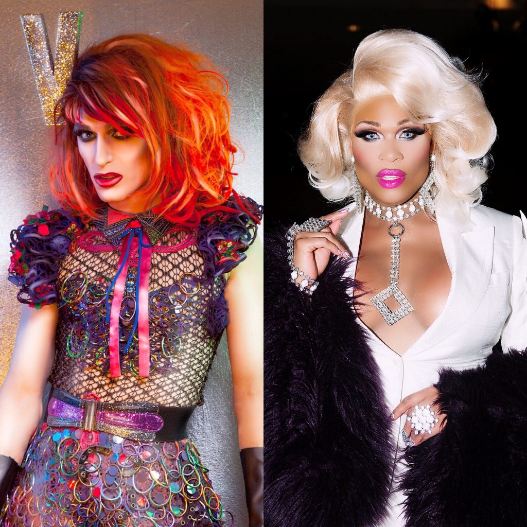 Split screen of drag queens Veda and Peppermint