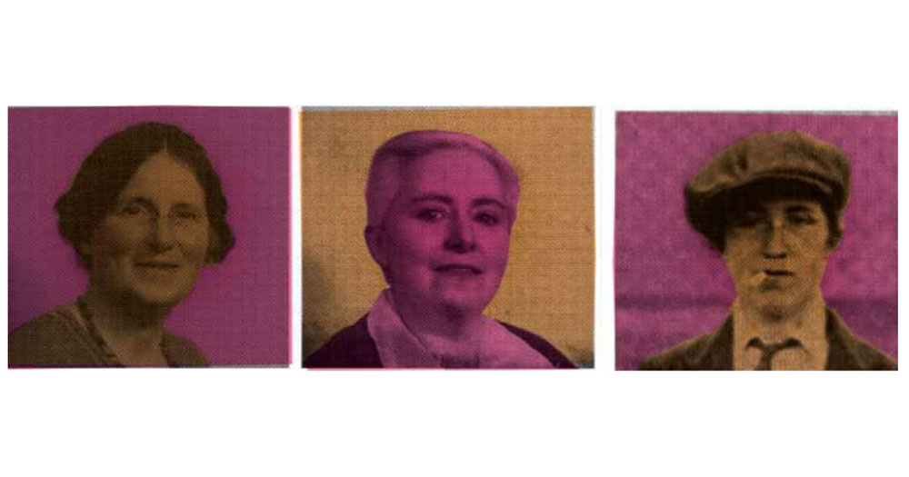 Split screen image of three women from the Easter Rising. The photographs have been overlaid with pink and brown colour casts. On the left is a photograph of Dr Kathleen Lynn, in the middle is Madeleine Ffrench-Mullen, on the right is Margaret Skinnider.