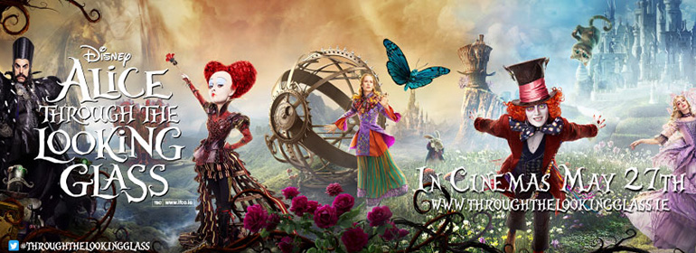 Alice Through the Looking Glass poster with the queen of hearts, alice, the mad hatter, and time
