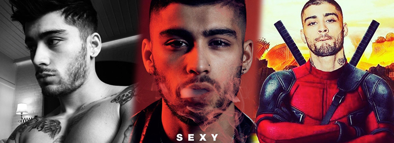 pictures from Zayn Malik's Instagram, black and white topless on left, sexy Zayn cover in centre, and Zayn in a dead pool costume on the right