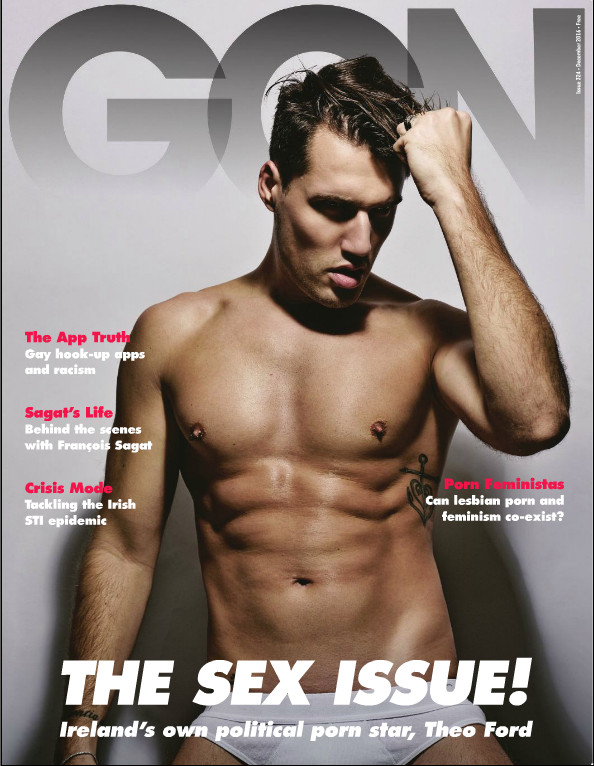 Theo Ford in white briefs holding his hair on the cover of GCN's sex issue