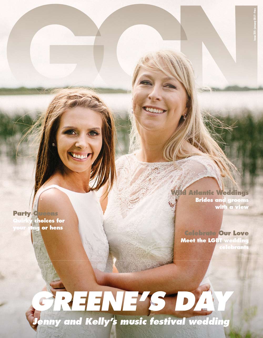 Two women (Jenny Greene and her wife Kelly Keogh) in white wedding dresses on the cover of GCN's wedding issue