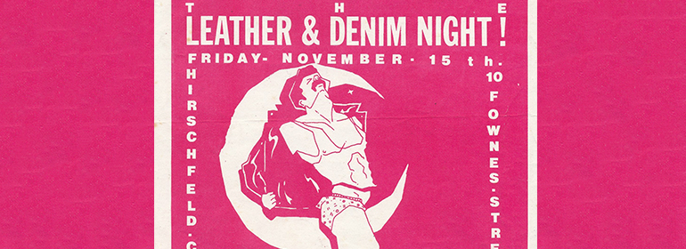 A Leather & Denim night pink club flyer with a buff man taking off his clothes which can be seen at Pilly Willy