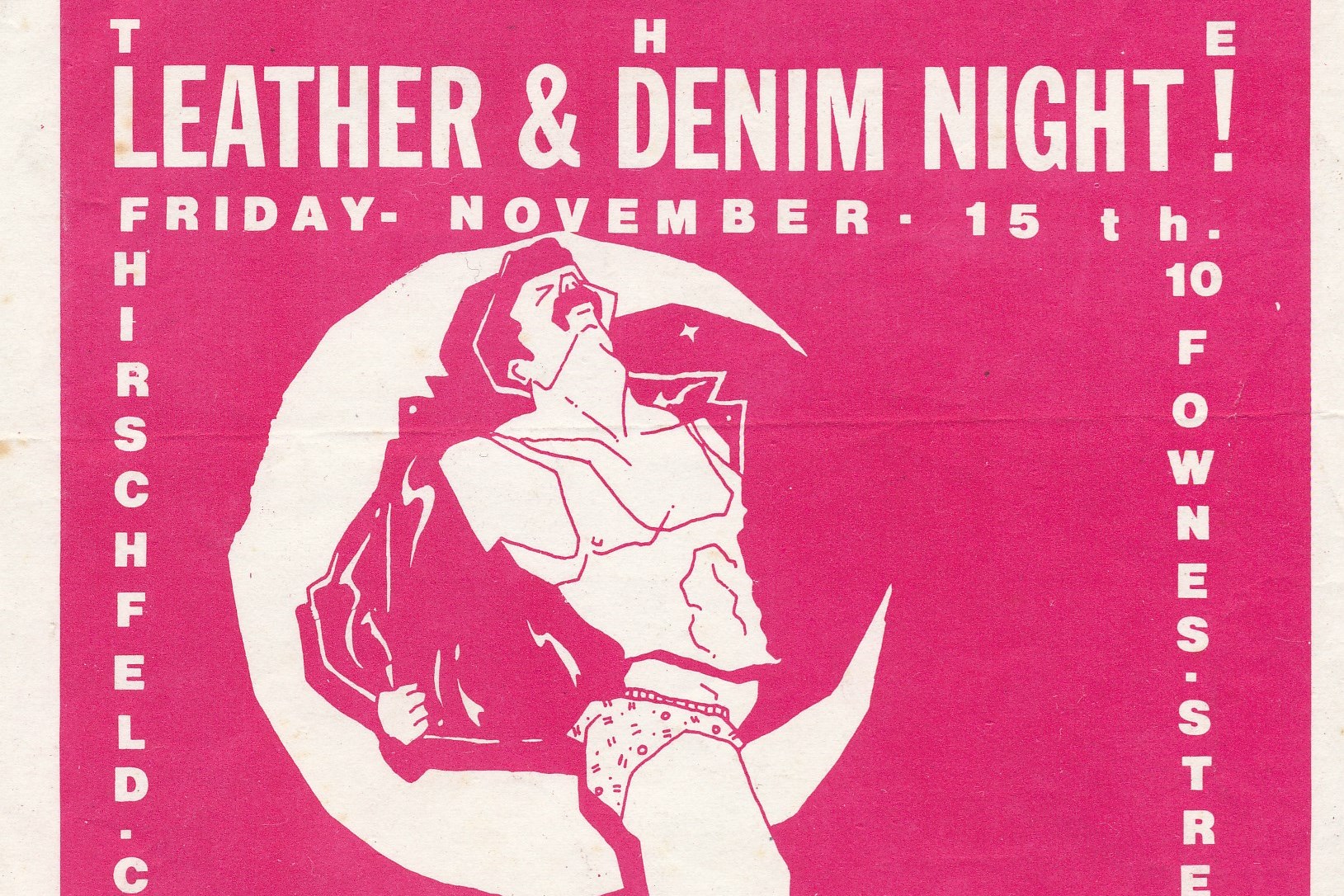 One of the posters from pilly willy and the irish queer archives showing a pink flyer with a semi naked man
