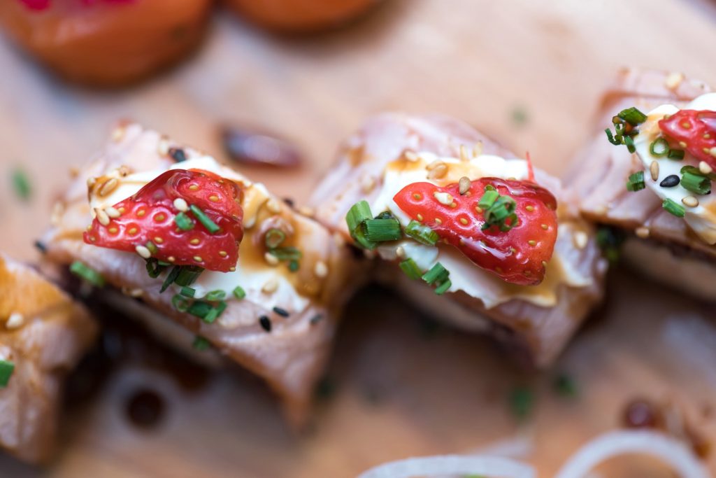 Strawberry salmon sushi from from Yamamori Sushi, who's manager Graham Ryan we interviewed in this month's Amuse Bouche