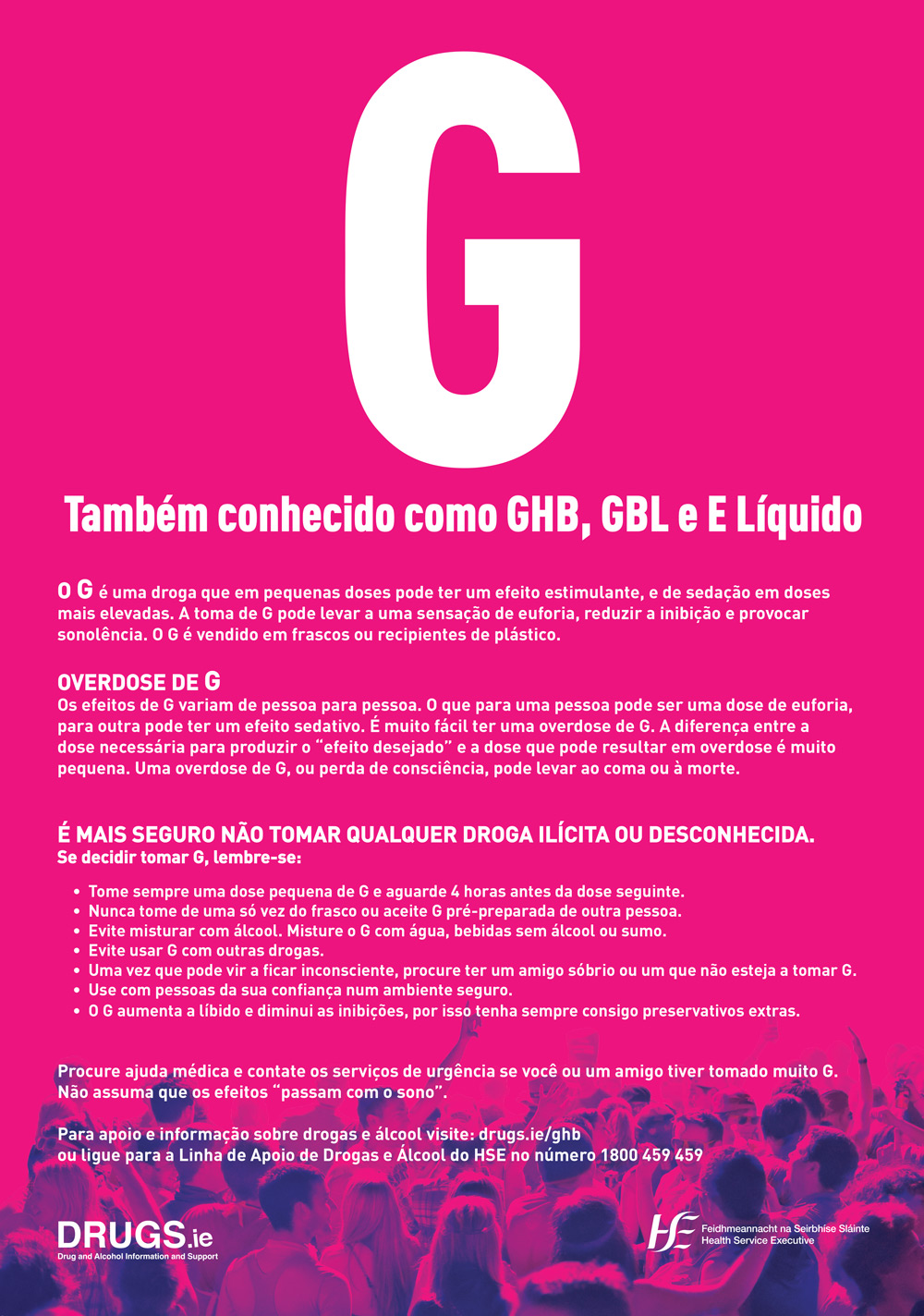 A poster for GHB harm reduction in Portuguese from HSE and Drugs.ie