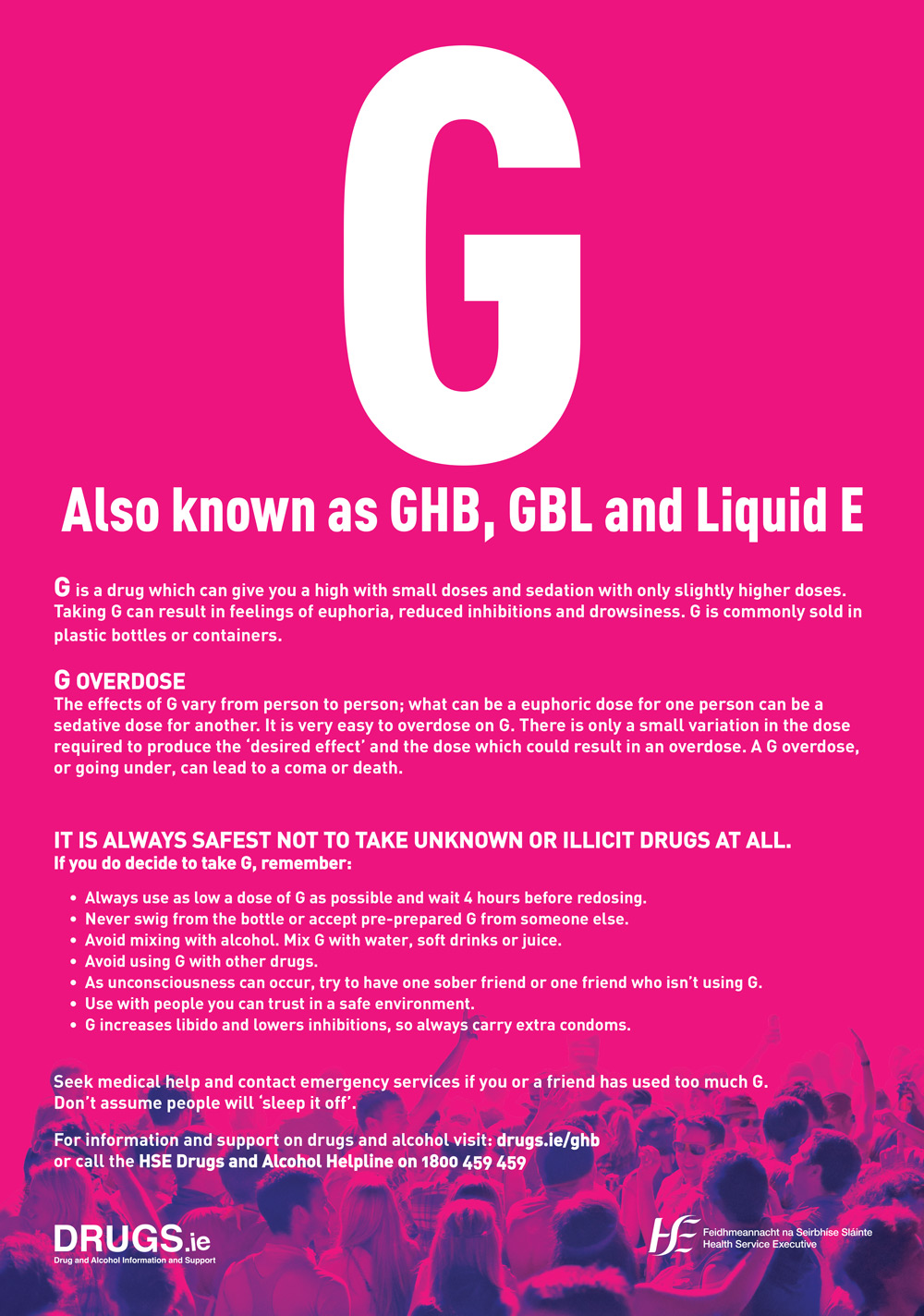 A poster for GHB harm reduction in English from HSE and Drugs.ie