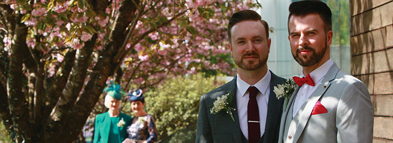 A same-sex couple for Real Weddings at the G Hotel venue