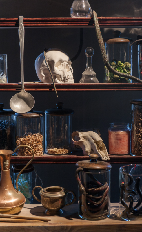A shelf with a skull, jugs and bones at the Irish Whiskey Museum
