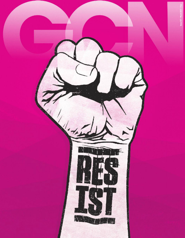 The cover of GCN with a white fist on a pink background